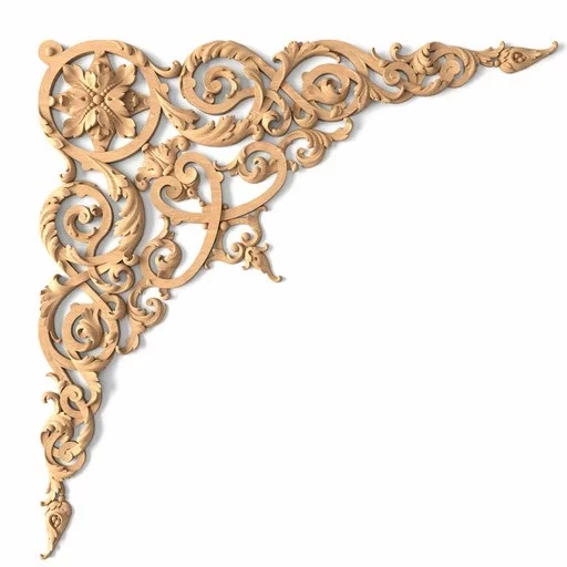 Ornamental hardwood corner applique with a rosette