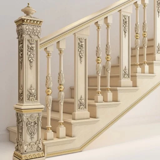 CRAFTSMAN STYLE WOOD STAIR BALUSTERS WITH FLORAL OVERLAY