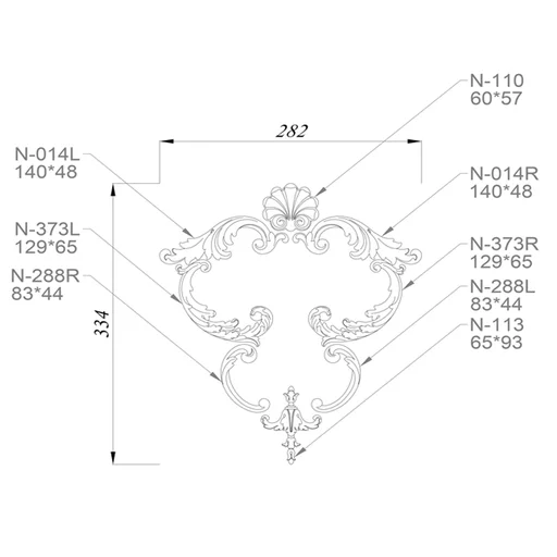 Chic beech appliques set decorated with curls and crown molding