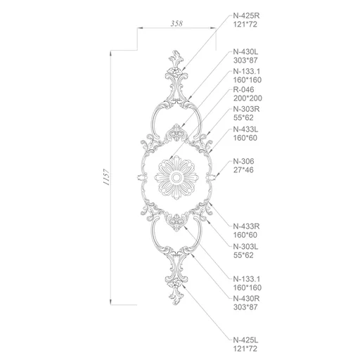 Openwork set of overlays with floral ornament from beech