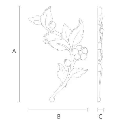 Carved wood floral branch onlay for furniture, Right