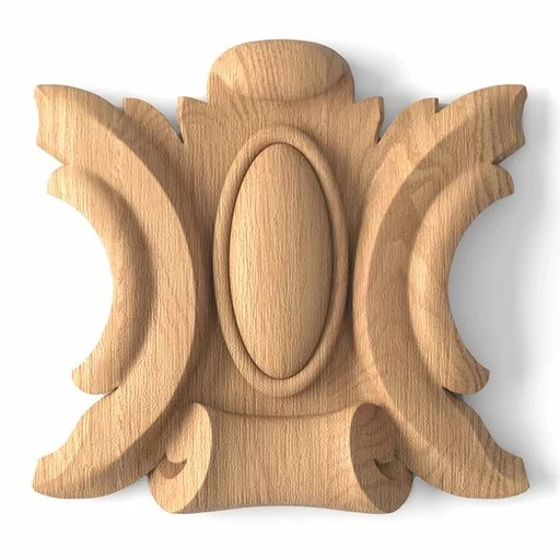 Wooden cartouche onlays for fireplace surround