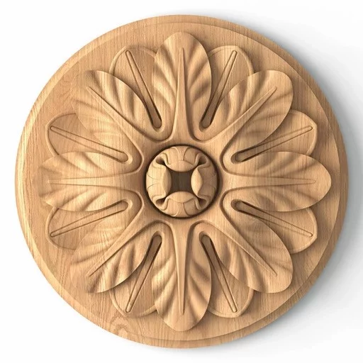 ANTIQUE ROUND HARDWOOD ROSETTE WITH LEAVES