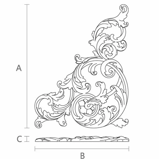 Unfinished wooden openwork corner onlay with scrolls, Right