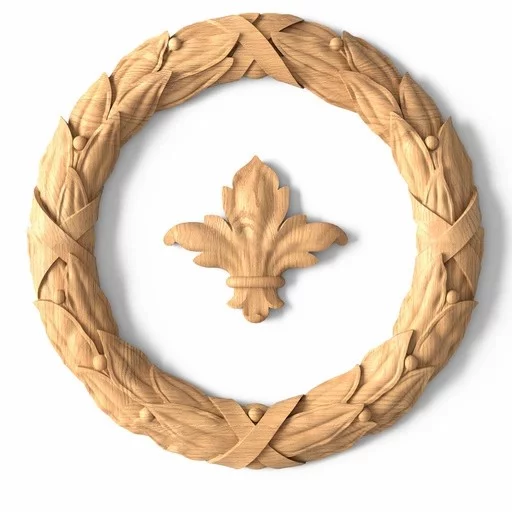 Round beech wreath and fleur-de-lis carved onlay