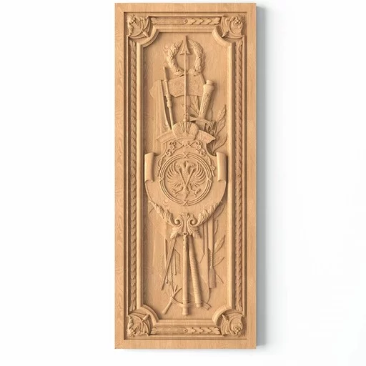 Large wood carved panel spears and swords, laurel wreath, coronet