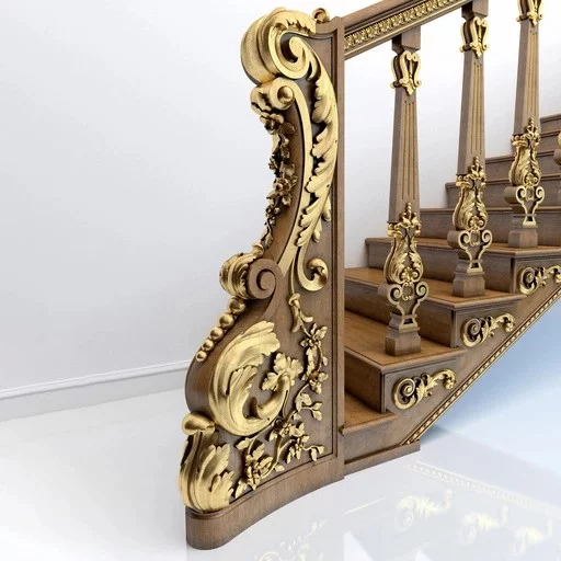 WOODEN STAIRCASE POST WITH FLOWERS AND ACANTHUS, LEFT