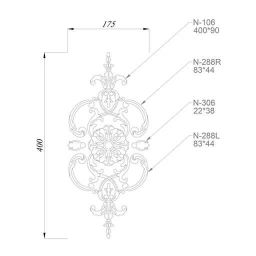 Wooden set of Baroque-style decor with a central rosette