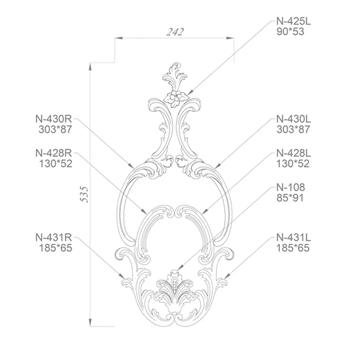 Decorative set of curved overlays with an elegant center