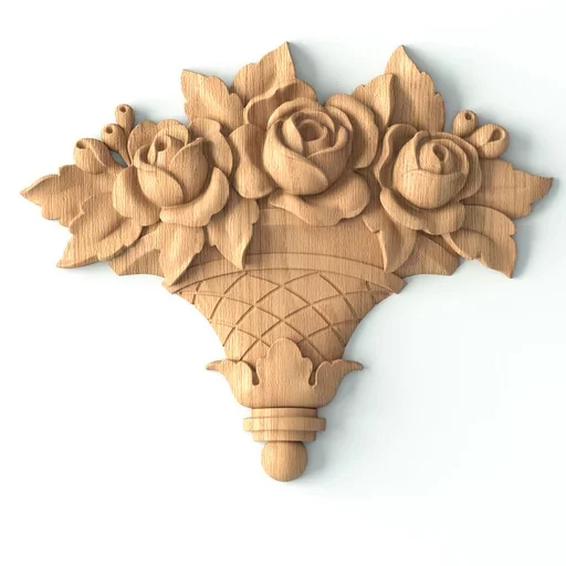 Unfinished ornamental Rose bouquet onlay from beech