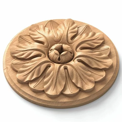 ANTIQUE ROUND HARDWOOD ROSETTE WITH LEAVES