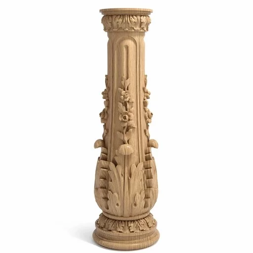 HARDWOOD ROUND CUSTOM NEWEL POST WITH FLORAL ORNAMENTATION