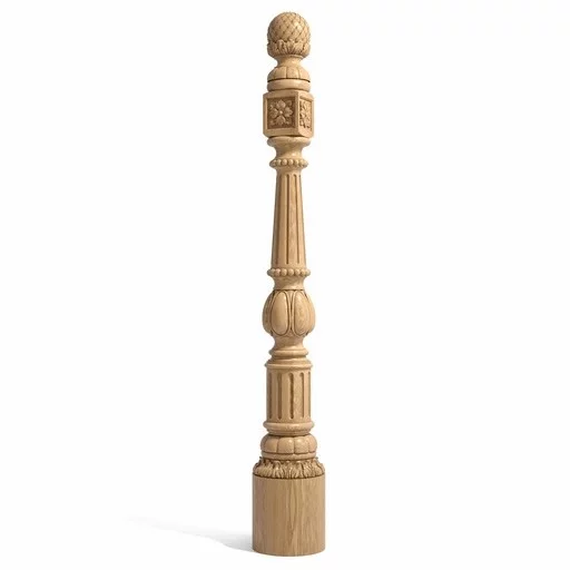 LARGE ROUND STAIR NEWEL POST WITH ARTICHOKE FINIAL AND FLORAL DECORATION