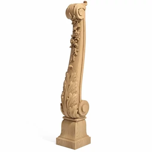 CLASSICAL STAIRCASE POST WITH ACANTHUS SCROLLS FROM SOLID WOOD