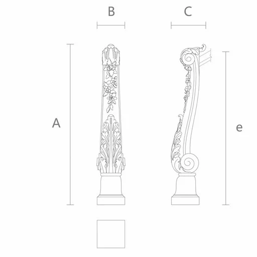 CLASSICAL STAIRCASE POST WITH ACANTHUS SCROLLS FROM SOLID WOOD