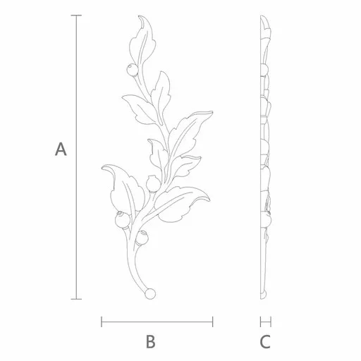 Wood appliques for furniture branch with flower buds, left