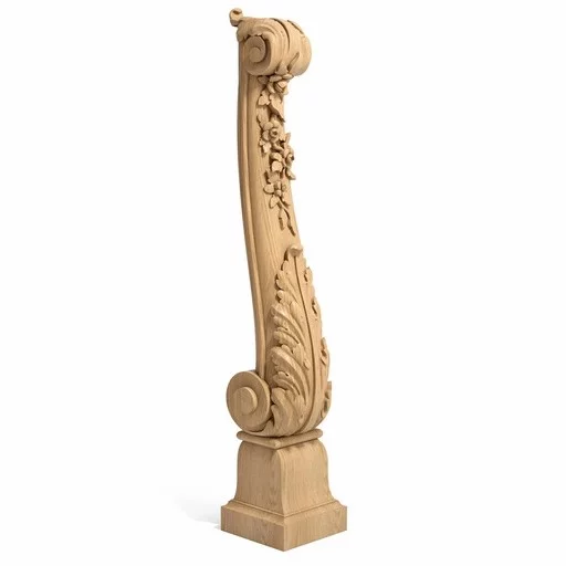 CLASSICAL STAIRCASE POST WITH ACANTHUS SCROLLS FROM SOLID WOOD