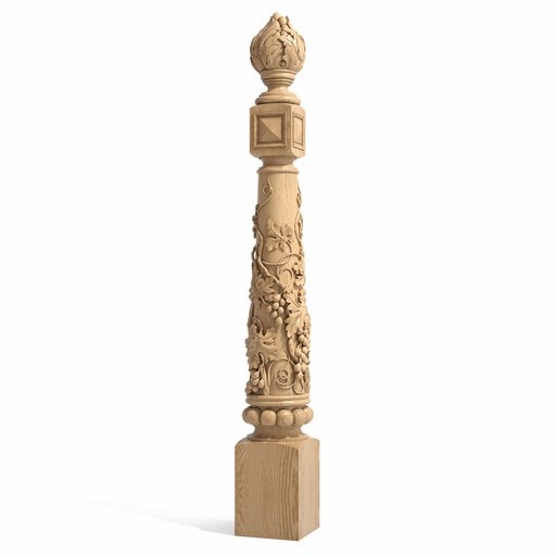 LARGE NEWEL POST WITH WOOD CARVING GRAPES