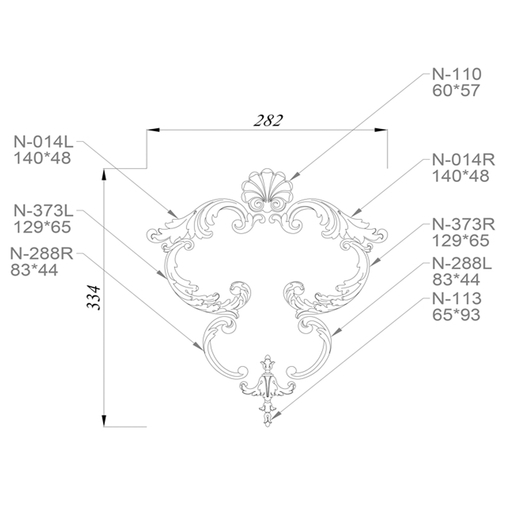 Chic beech appliques set decorated with curls and crown molding