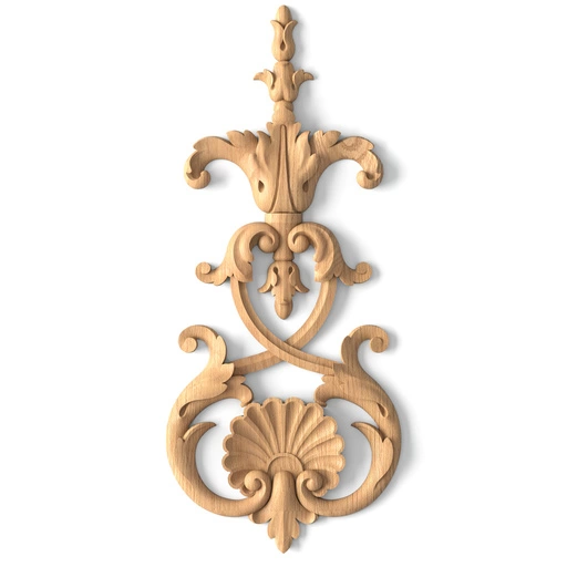 Vertical solid wood floral drop applique with a shell