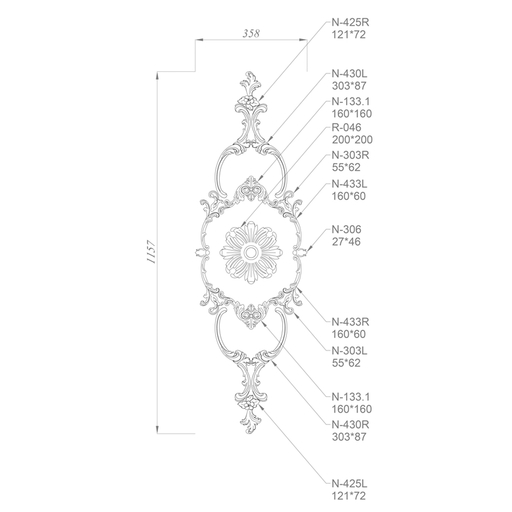 Openwork set of overlays with floral ornament from beech