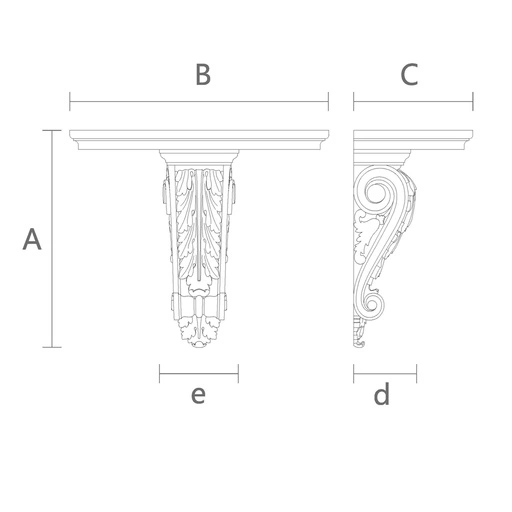 NATURAL WOOD WALL SHELF WITH CARVED CORBEL ACANTHUS LEAF AND SCROLLS