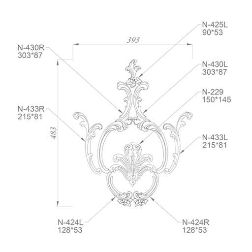 Wooden set with a central palmette framed by plant elements