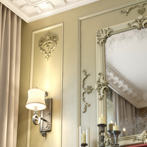 Luxurious solid wood composition of overlays with plant elements