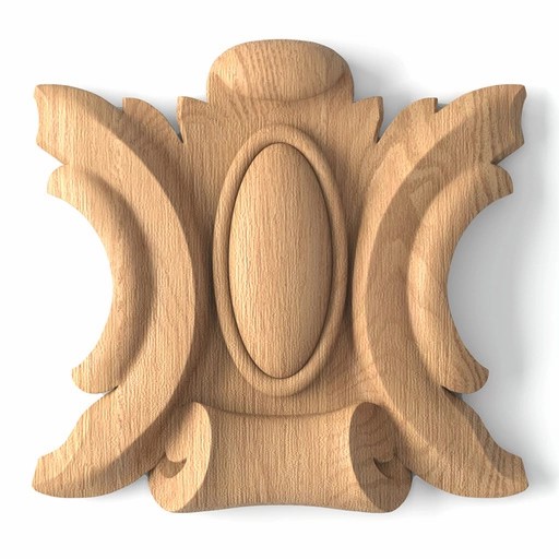Wooden cartouche onlays for fireplace surround