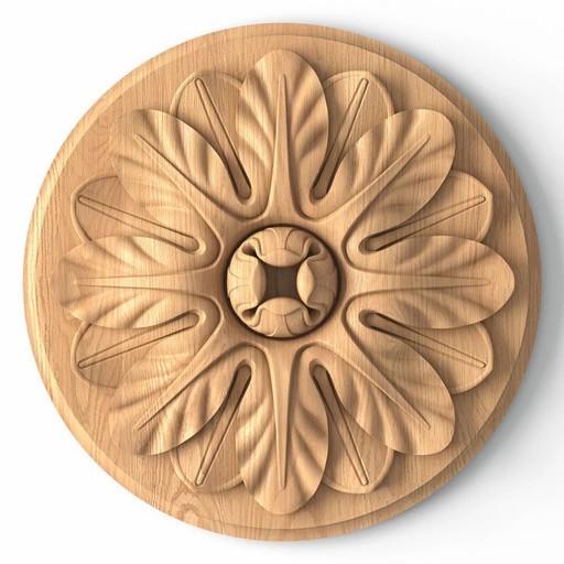 ANTIQUE ROUND HARDWOOD ROSETTE WITH LEAVES