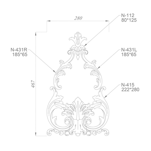 Decorative wooden Baroque set of overlays with central bud