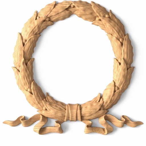 Laurel wreath with ribbons decorative applique from oak