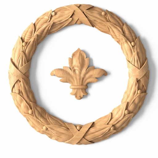 Round beech wreath and fleur-de-lis carved onlay