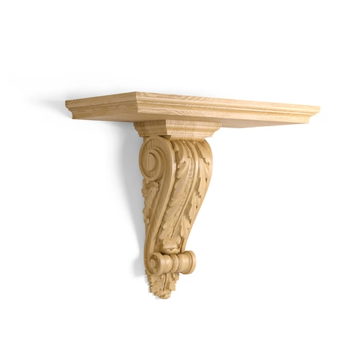 NATURAL WOOD WALL SHELF WITH CARVED CORBEL ACANTHUS LEAF AND SCROLLS