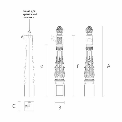 LARGE SQUARE NEWEL POST WITH FLORAL ORNAMENT AND ACANTHUS LEAF PATTERN
