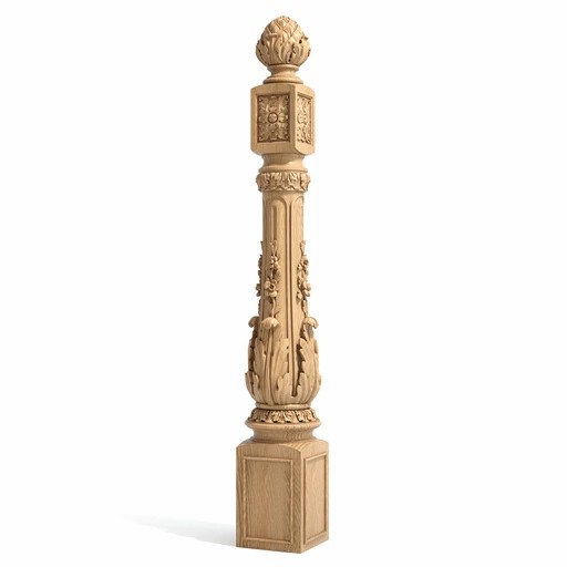 LARGE SQUARE NEWEL POST WITH FLORAL ORNAMENT AND ACANTHUS LEAF PATTERN