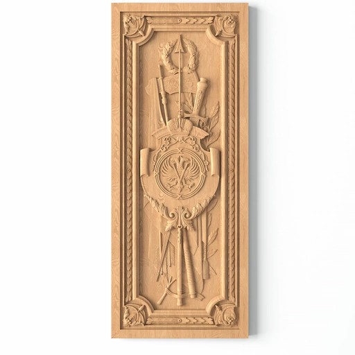 Large wood carved panel spears and swords, laurel wreath, coronet