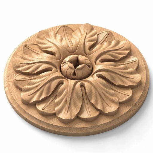 ANTIQUE ROUND HARDWOOD ROSETTE WITH LEAVES