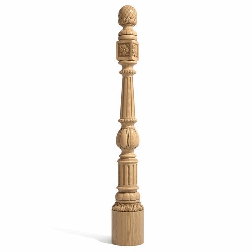 LARGE ROUND STAIR NEWEL POST WITH ARTICHOKE FINIAL AND FLORAL DECORATION