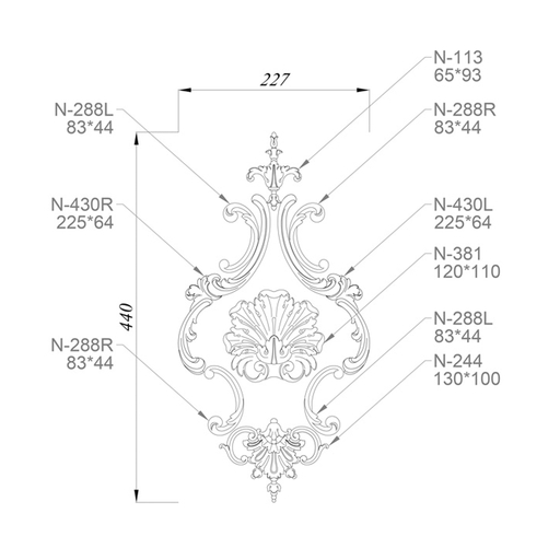 Patterned wooden overlays set with a lush palmette in the center