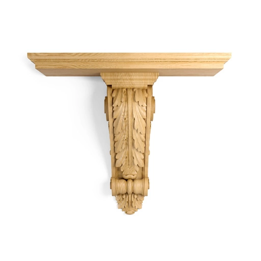 NATURAL WOOD WALL SHELF WITH CARVED CORBEL ACANTHUS LEAF AND SCROLLS