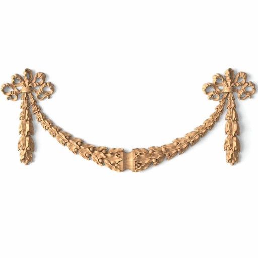 Carved laurel leaves swag with ribbon bows from oak