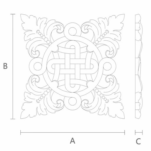 Unpainted oak square rosette onlay with leaves