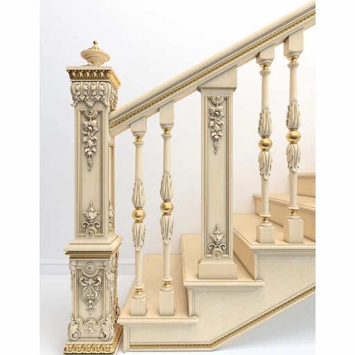 CRAFTSMAN STYLE WOOD STAIR BALUSTERS WITH FLORAL OVERLAY