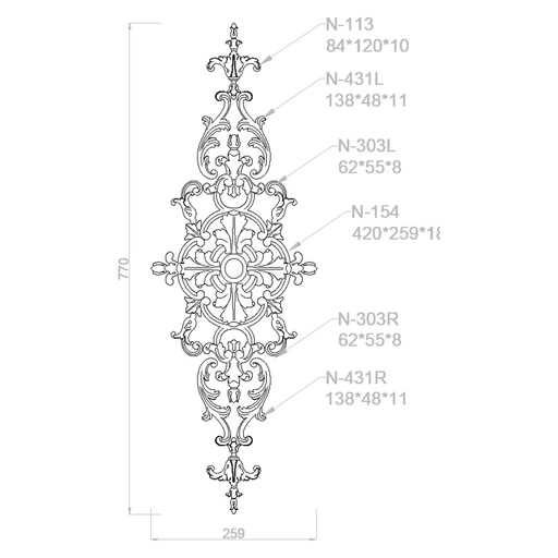 ELONGATED WOODEN OPENWORK SET OF OVERLAY DECORATED WITH FLORAL ELEMENTS
