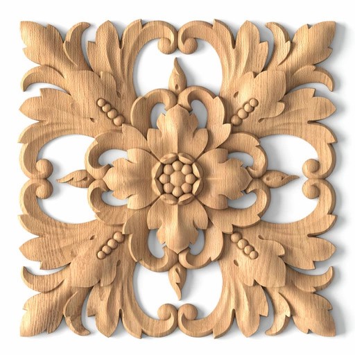 Beaded floral rosette with acanthus leaves from solid wood
