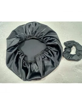 Satin Bonnet With 1 Scrunchies Black-Curlystores